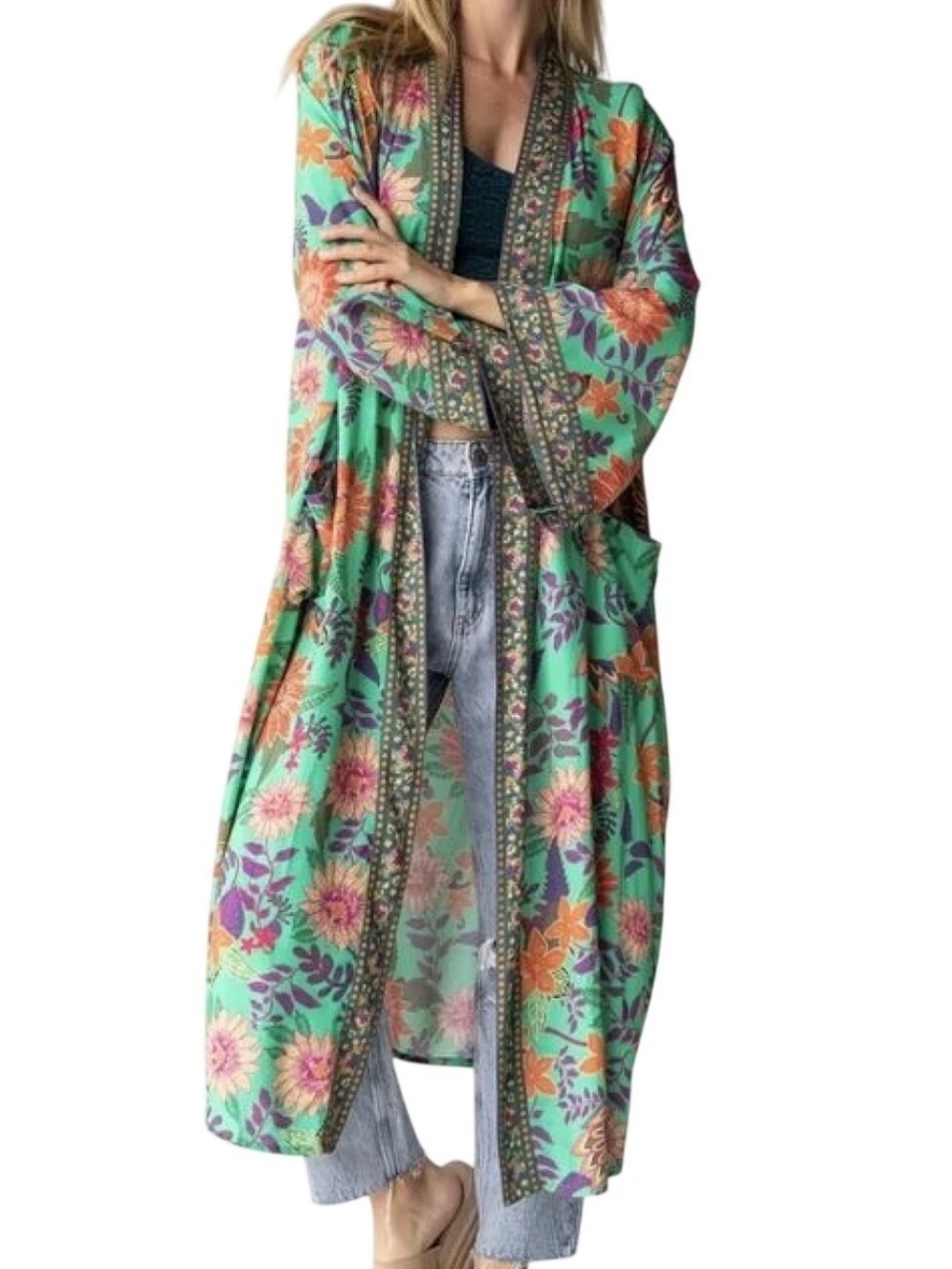 Natural Life Camila Kimono Green Boho Floral Midi Open Front Contrast Trim-S/M